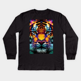 Pop Art Tiger Face In Vibrant Colors - A Unique and Playful Art Print For Animal Lovers Kids Long Sleeve T-Shirt